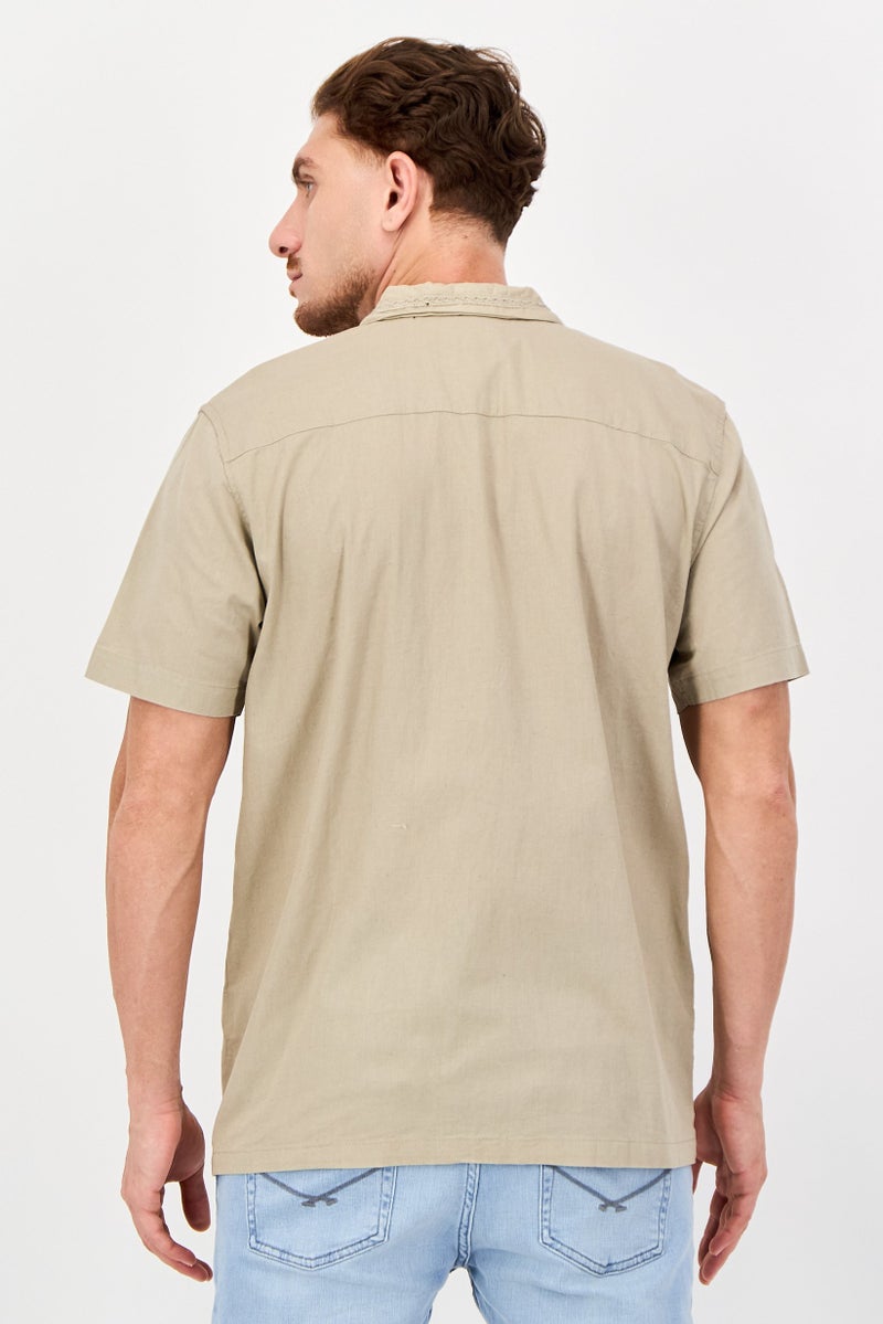 Threadbare Men Regular Fit Pleated Short Sleeve Casual Shirt, Khaki - Image 3